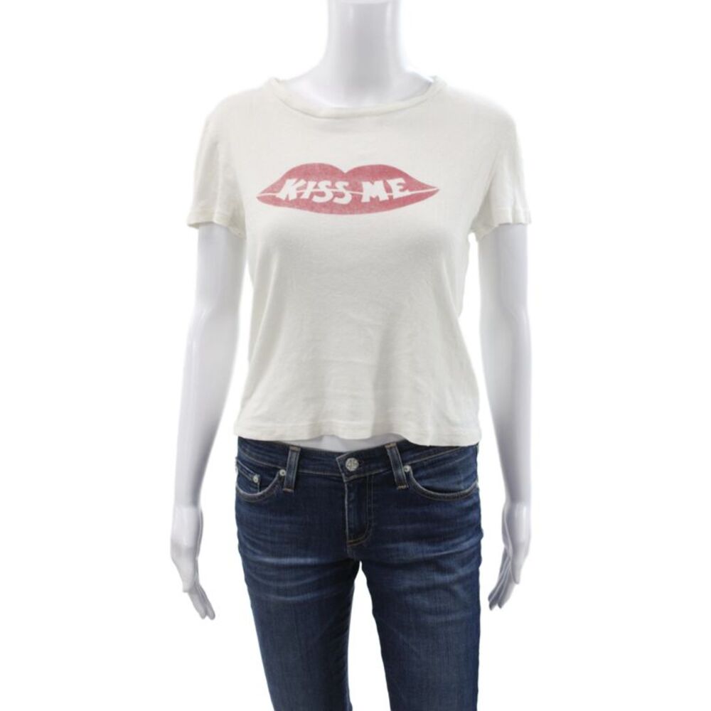 Re/Done Womens White Basic Cotton Crewneck Short Sleeve T Shirt Kiss Size M